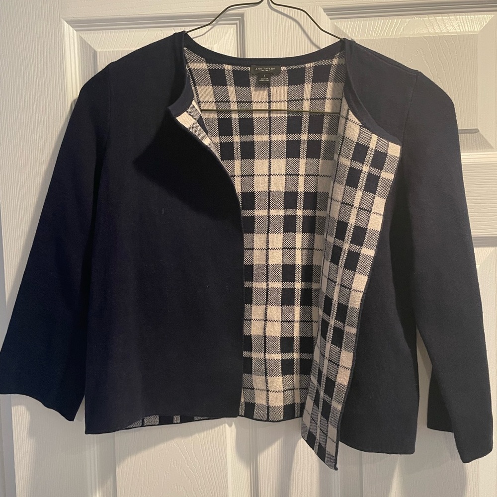 Ann Taylor Navy cardigan with Plaid Interior